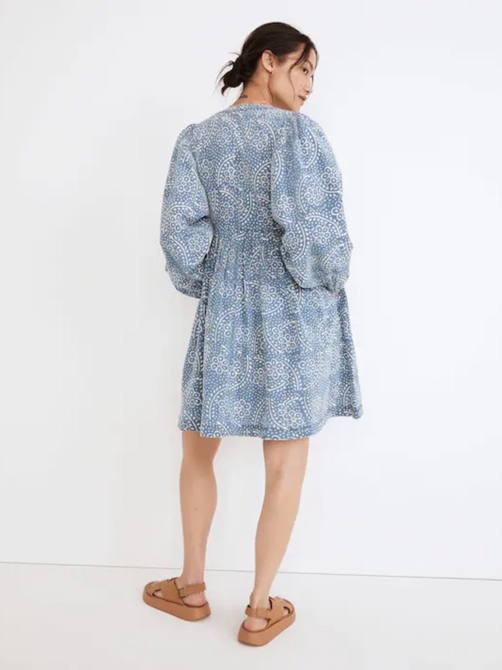 MADEWELL Sz L Bubble-Sleeve Button-Front Mini Dress in Indigo Paisley - Picture 2 of 10